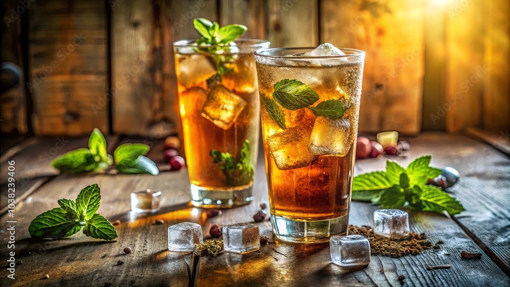 Refreshing Iced Tea with Mint and Ice Cubes on a Rustic Wooden Table Refreshing Iced Tea with Mint and Ice Cubes on a Rustic Wooden Table