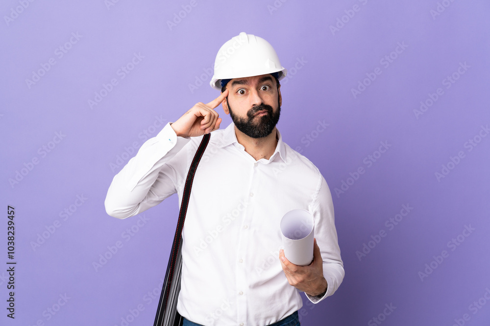 Young architect man with helmet and holding blueprints over isolated purple background thinking an idea Young architect man with helmet and holding blueprints over isolated purple background thinking an idea