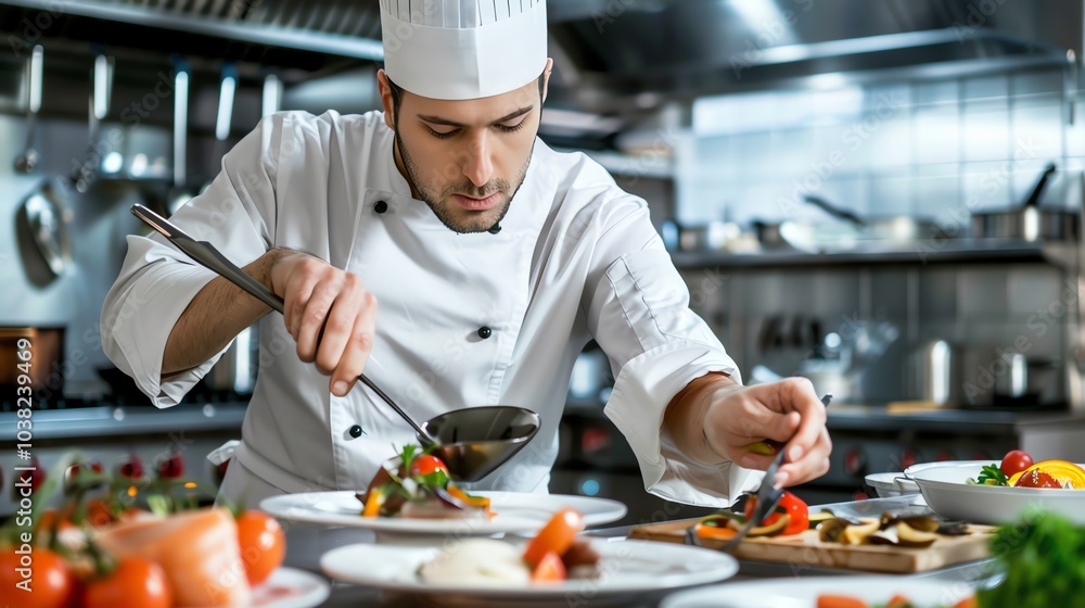 A chef in a white uniform meticulously prepares a meal in a professional kitchen. A chef in a white uniform meticulously prepares a meal in a professional kitchen.