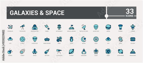 galaxies and space line and colorful icons set. Space planet, sun, Line and filled color icon collection. Editable stroke and color. Pixel perfect. Vector illustration.