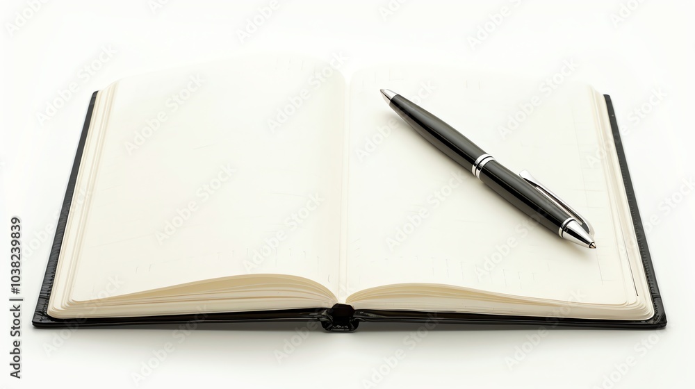 A black notebook with a pen on a white surface. A black notebook with a pen on a white surface.