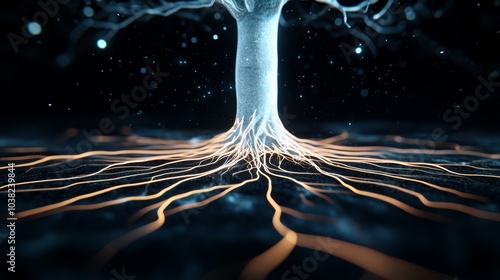 Illuminated tree roots with glowing lines on dark background, artistic nature concept. photo