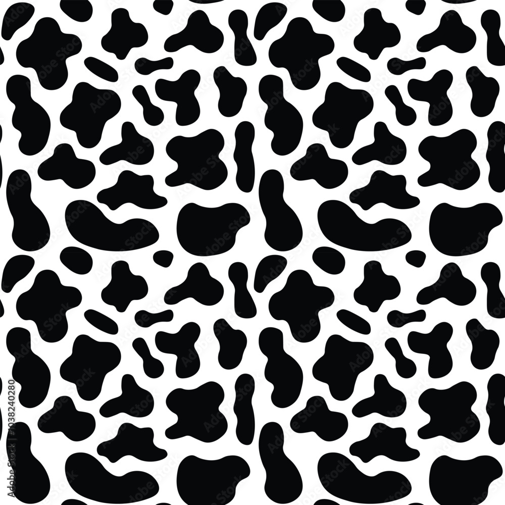 Seamless black and white cow print pattern with spots, perfect for background or textiles Seamless black and white cow print pattern with spots, perfect for background or textiles