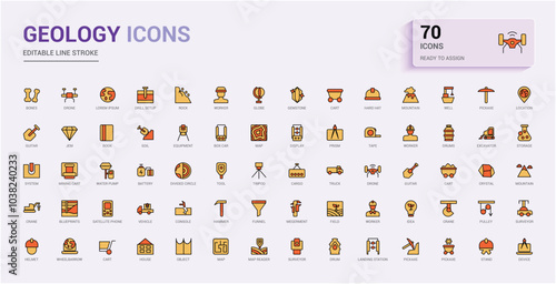 Set of line colorful geology icons. Filled and line style color icons bundle. Editable stroke. Pixel perfect. Vector illustration.
