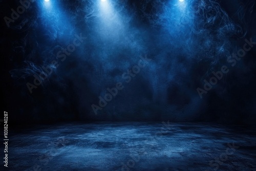 A dark, smoky stage illuminated by blue lights, creating an atmospheric setting for a performance or event.