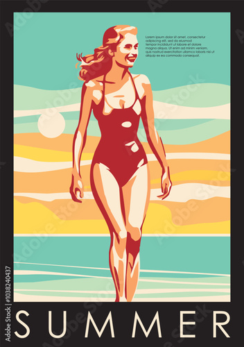 Pretty girl on the beach near the ocean retro graphic illustration. Summer holiday poster with young woman and sea sunset. Travel and vacation vector image.