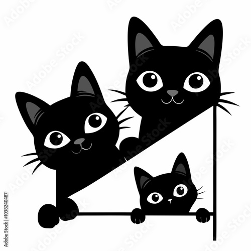 Playful Black Silhouette Cat Faces Peeking from Corners - Vector Set. Set of black cats looking out of the corner. Collection of cat faces that spy on you. Playing pets. 