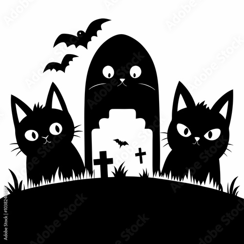 Playful Black Silhouette Cat Faces Peeking from Corners - Vector Set. Set of black cats looking out of the corner. Collection of cat faces that spy on you. Playing pets. 