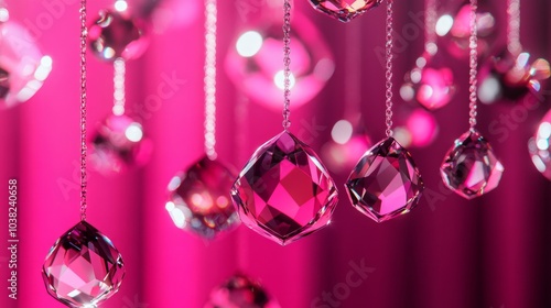 Gleaming and clear, diamonds of all sizes dangle in midair beneath a bright neon pink light. The diamonds' splendor is emphasized by the monotone background, making for an eye-catching presentation.
