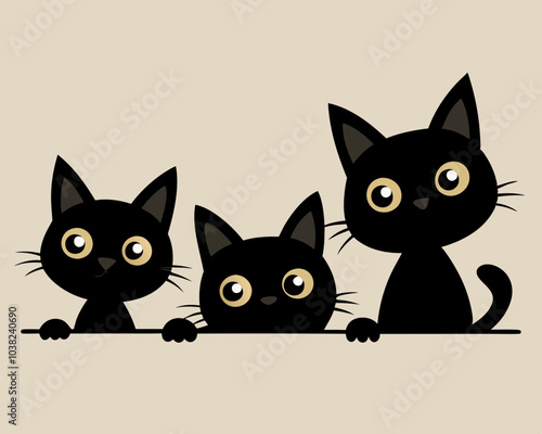 Playful Black Silhouette Cat Faces Peeking from Corners - Vector Set. Set of black cats looking out of the corner. Collection of cat faces that spy on you. Playing pets. 