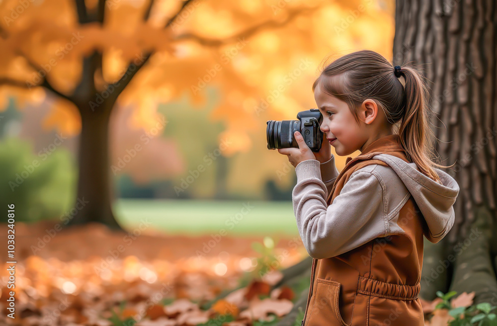 Girl Taking Photos of Autumn Forest Nature Girl Taking Photos of Autumn Forest Nature