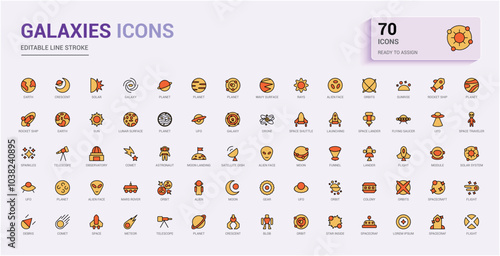 galaxies and Astronomy line and colorful icons set. Space planet, sun, Line and filled color icon collection. Editble stroke and color. Pixel perfect. Vector illustration.