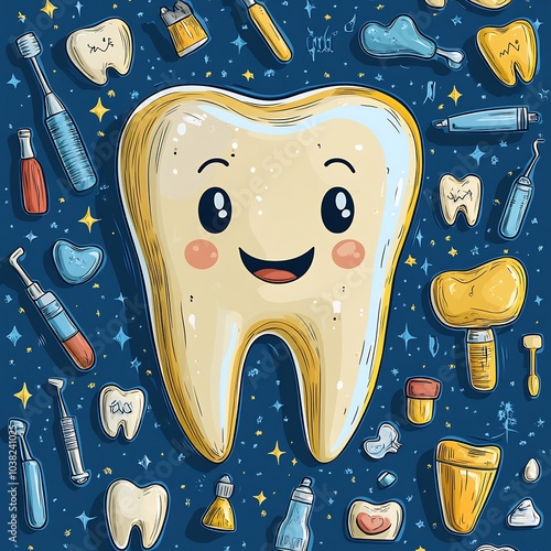 Colorful tooth illustration paired with different dental care tools arranged neatly against a dentalthemed background showcasing the essential elements of oral health and hygiene awareness photo