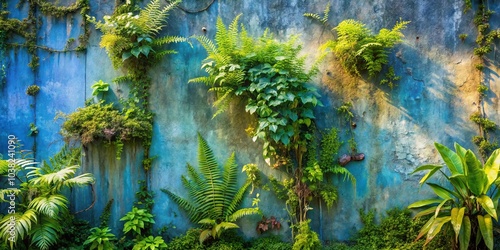 A vibrant tapestry of life, where green foliage clings tenaciously to a weathered blue wall, showcasing the resilient beauty of nature's embrace. photo