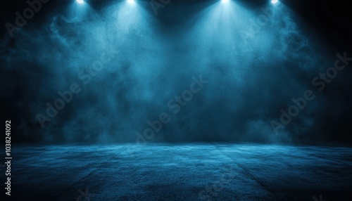 A dimly lit stage with blue lighting and fog, creating a dramatic atmosphere for performances or presentations.