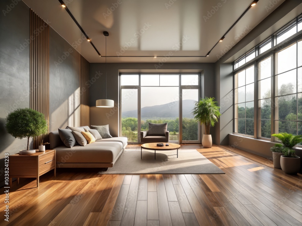 Fototapeta premium Minimalist Room with Gray Walls and Wooden Flooring Bathed in Natural Light, Long Exposure Photography for Interior Design Inspiration and Aesthetic Spaces