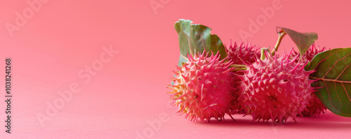 A cluster of vibrant pink rambutan fruits with green leaves against a soft pink background.