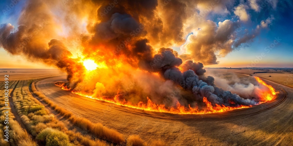 A fiery line of controlled burn stretches across a rural landscape, creating an awe-inspiring spectacle against a backdrop of billowing smoke and a vibrant sunset sky. A fiery line of controlled burn stretches across a rural landscape, creating an awe-inspiring spectacle against a backdrop of billowing smoke and a vibrant sunset sky.