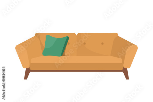 Double-seat sofa in flat vector style with a green pillow on one side, clean lines and minimal design