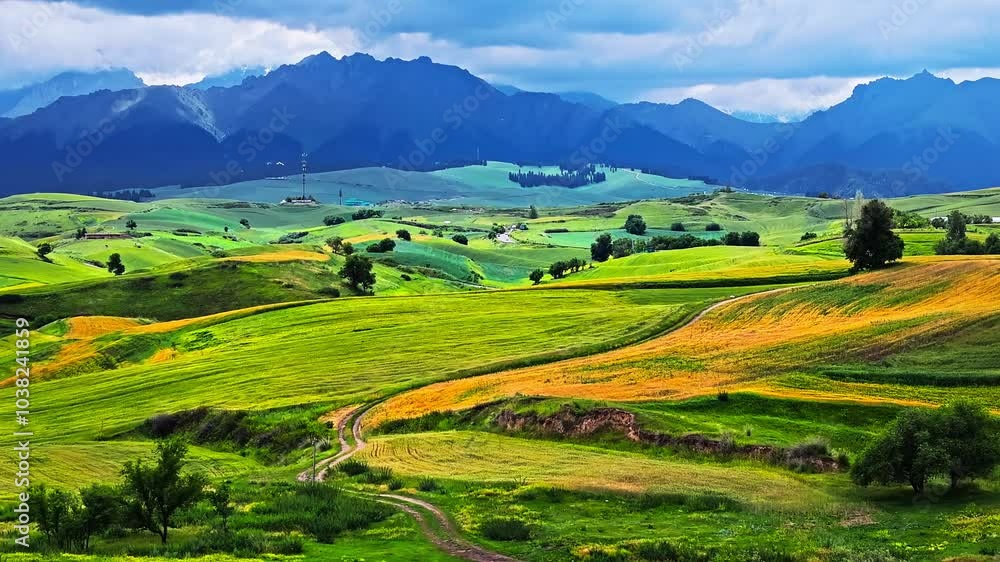Green wheat fields with mountain natural landscape in summer. Beautiful natural park scenery in Xinjiang, China. Green wheat fields with mountain natural landscape in summer. Beautiful natural park scenery in Xinjiang, China.
