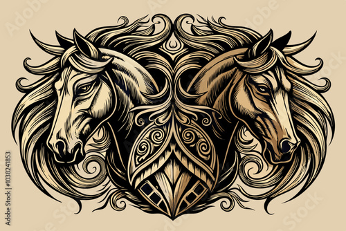 two horses head vector logo with swirling elements around it, vintage aesthetics sketch, tattoo