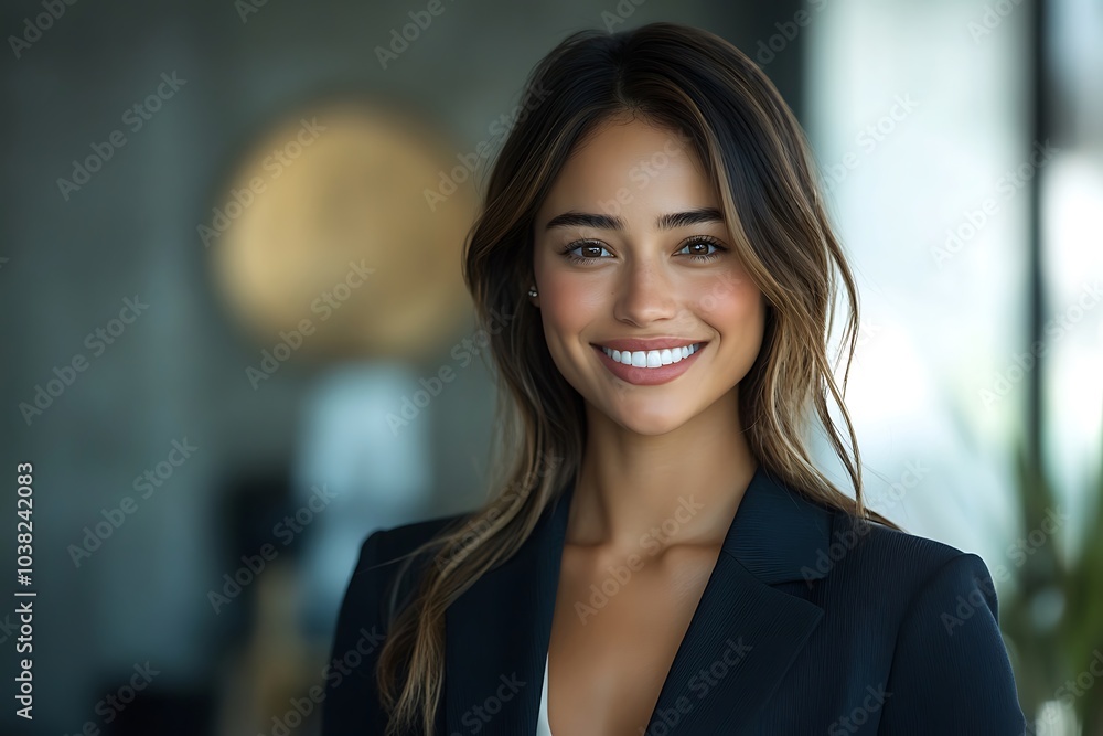 Happy Businesswoman with Brown Hair Smiling in Blurred Background Happy Businesswoman with Brown Hair Smiling in Blurred Background