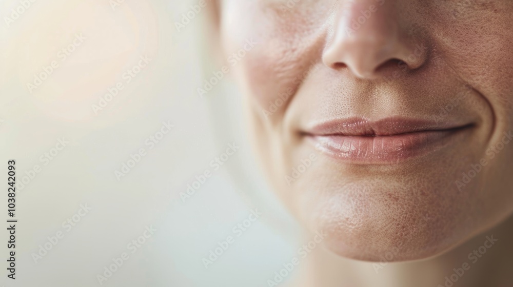 Obraz premium Close-up of a woman's smile showcasing her natural beauty and radiant complexion against a soft, blurred background