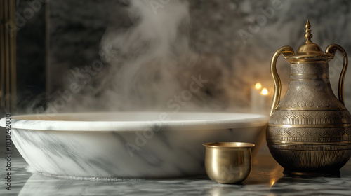 Marble basin in a traditional hammam bathhouse with steam rising in the warm light, accompanied by a brass water jug, creating an atmosphere of relaxation, history, and authentic spa culture.