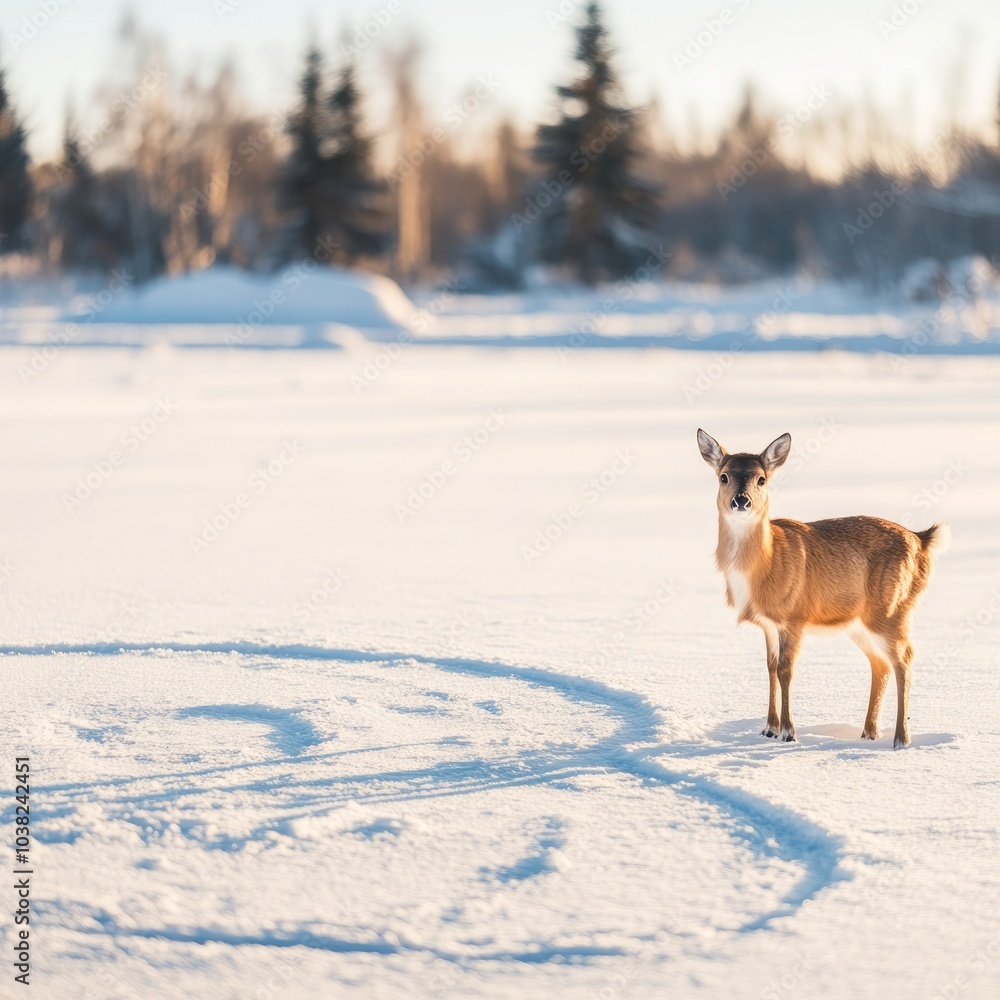 A deer standing in a snowy landscape with trees in the background. A deer standing in a snowy landscape with trees in the background.