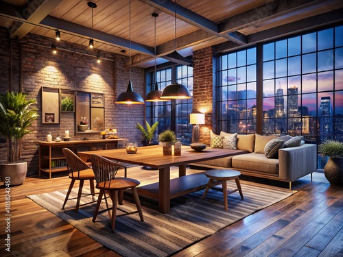 Modern Loft Night Photography with Wooden Table, Stylish Interior, Cozy Atmosphere, Warm Lighting, Rustic Decor, Contemporary Design, Urban Living, Artistic Shot