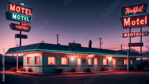 classic roadside motel with neon signs flickering in the twilight