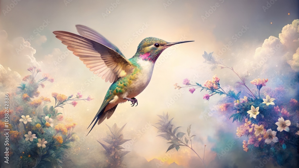 Fototapeta premium Morning Fog and Hummingbird Tattoo Double Exposure Photography for Artistic Nature Lovers and Tattoo Enthusiasts