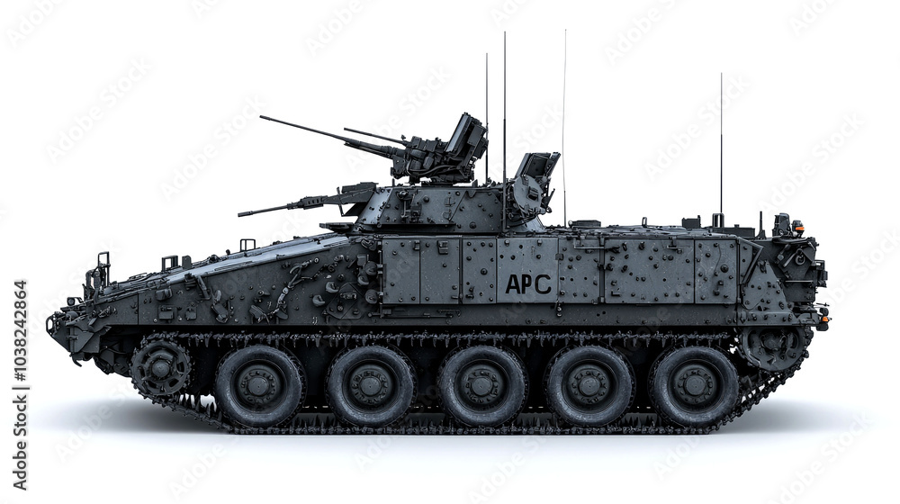 Armored personnel carrier (APC) with two machine guns, on white background. Armored personnel carrier (APC) with two machine guns, on white background.