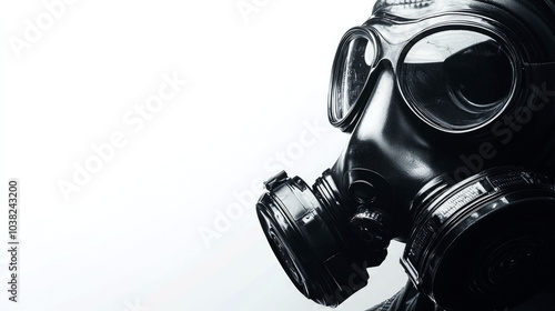 Close-up of a black gas mask on a white background.