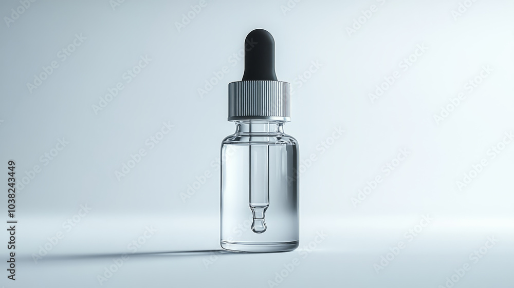 Clear glass dropper bottle with pipette in a studio setting. Clear glass dropper bottle with pipette in a studio setting.