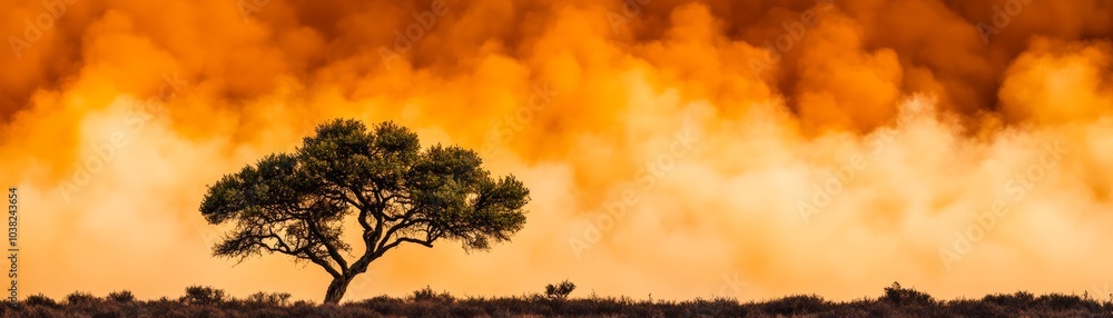 Obraz premium Lonely tree silhouette against a dramatic orange sky