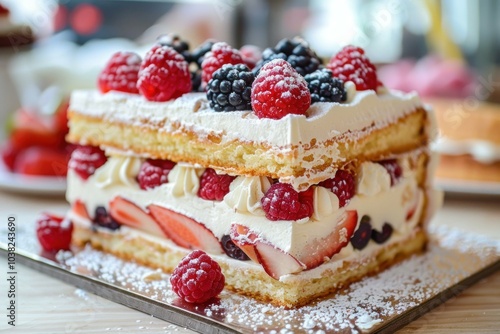 Wallpaper Mural Square cake sitting on a countertop is filled with whipped cream and topped with fresh berries Torontodigital.ca