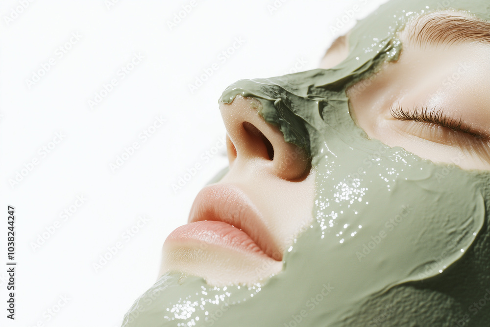 Naklejka premium A girl with a cosmetic mask on her face. Concept: cosmetic procedures, skin care in winter. Cosmetology. Spa.