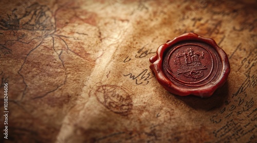 intricate wax seal on a textured parchment background, showcasing the rich colors and detailed design of the seal. 