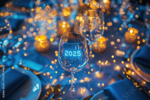 Festliche Tischdekoration mit 2025-Glas photo