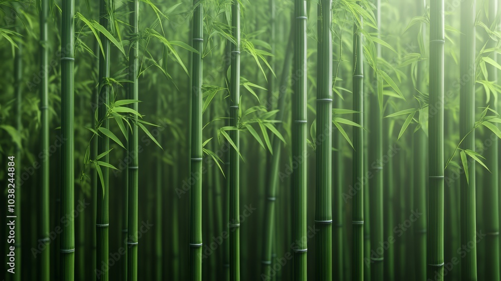 Fototapeta premium Lush green bamboo forest, vibrant foliage, natural light filtering through leaves.