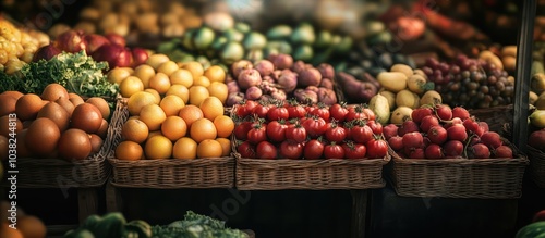 A vibrant fruit market displaying an array of colorful fruits and vegetables showcasing freshness and abundance