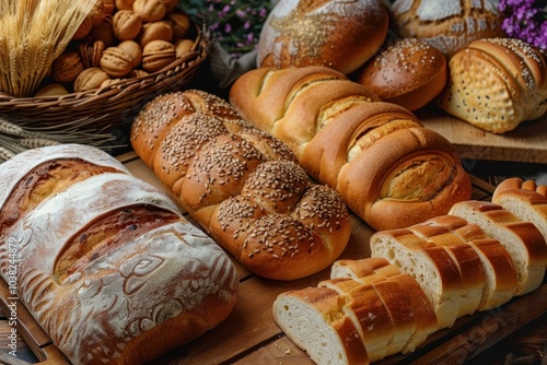 Beautiful assortment of freshly baked bread loaves with sesame seeds are resting on a wooden table