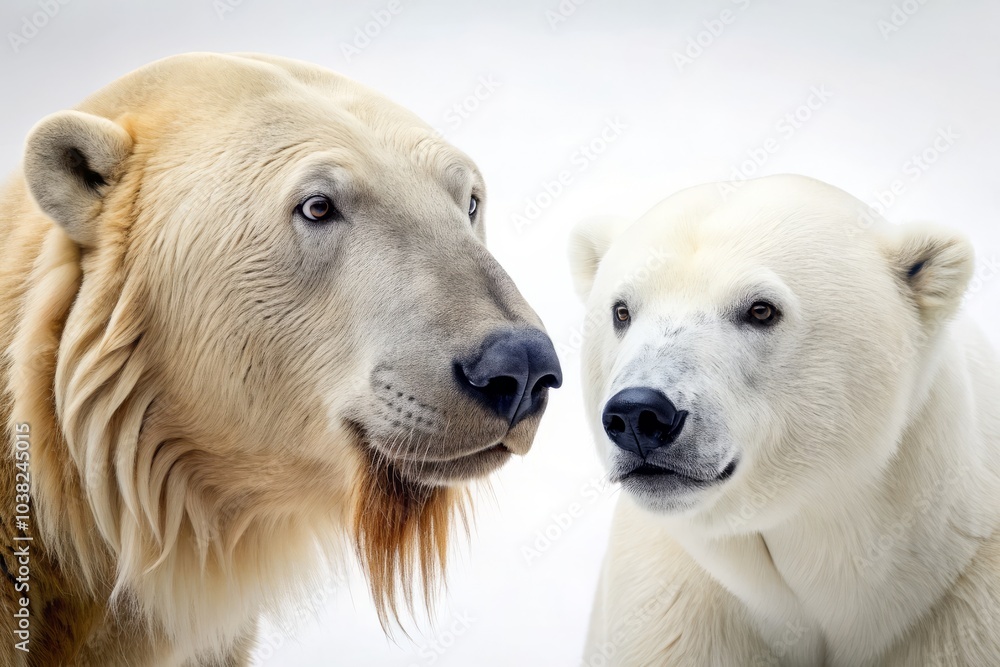 Polar Bear and Walrus Face to Face in Macro Photography on White Background - Wildlife Encounter, Arctic Animals, Close-Up Shot, Nature Photography Polar Bear and Walrus Face to Face in Macro Photography on White Background - Wildlife Encounter, Arctic Animals, Close-Up Shot, Nature Photography