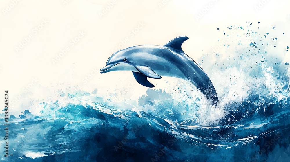 Naklejka premium Aquarelle Illustration of a Dolphin Jumping Out of the Water, Whimsical Marine Life Art, Perfect for Kids and Ocean-Themed Designs