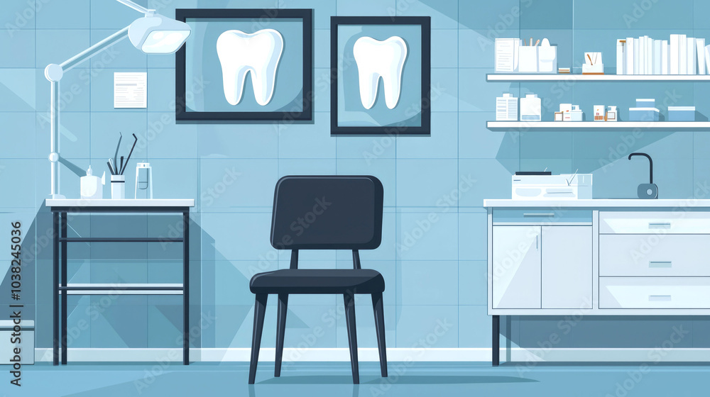 Empty dentist's office with a chair, a lamp, and two framed teeth on the wall. Empty dentist's office with a chair, a lamp, and two framed teeth on the wall.