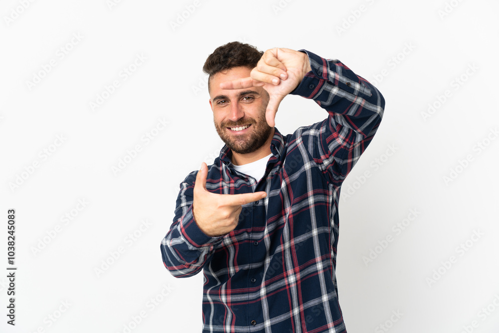 Caucasian man isolated on white background focusing face. Framing symbol Caucasian man isolated on white background focusing face. Framing symbol