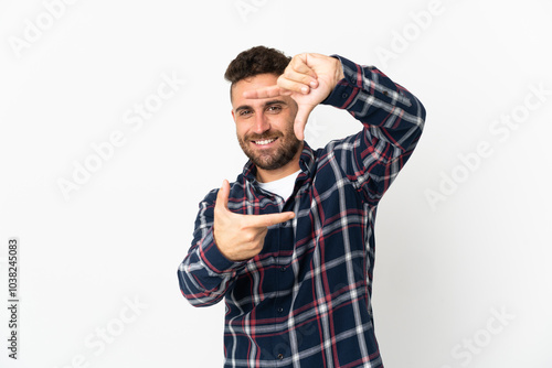 Caucasian man isolated on white background focusing face. Framing symbol