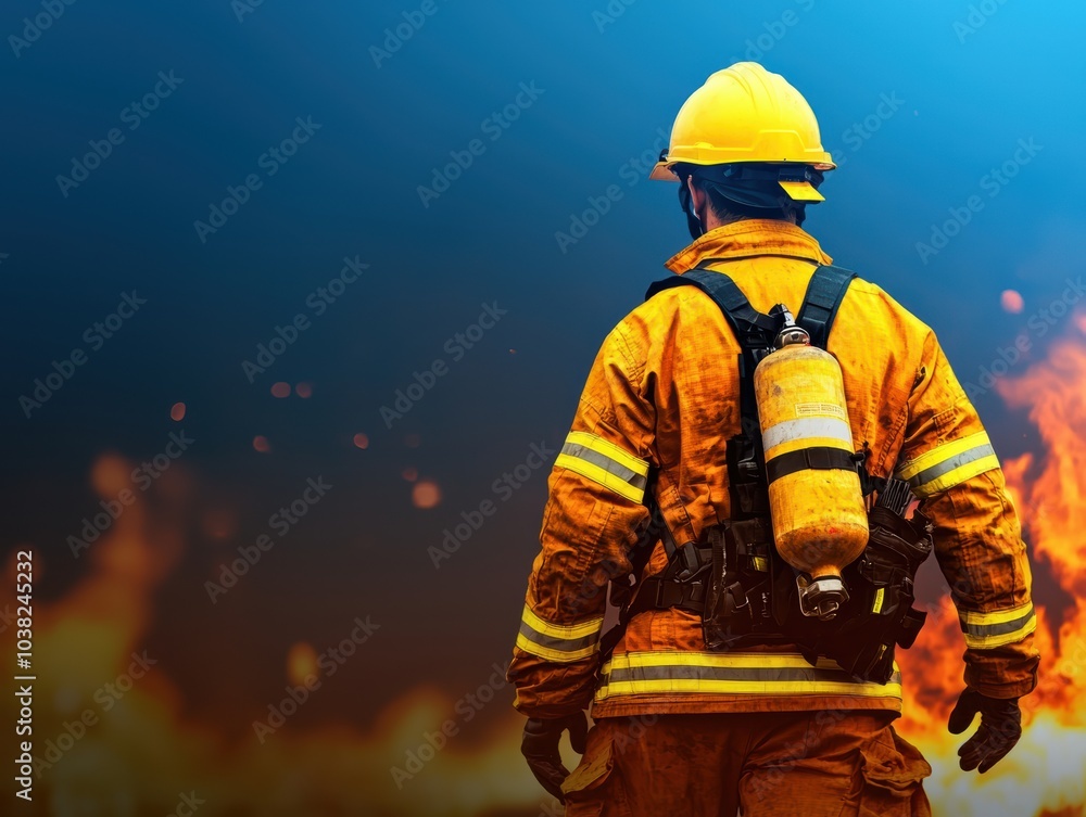 Brave Firefighter Standing Amidst Fiery Blaze Ready to Combat Flames and Save Lives Brave Firefighter Standing Amidst Fiery Blaze Ready to Combat Flames and Save Lives