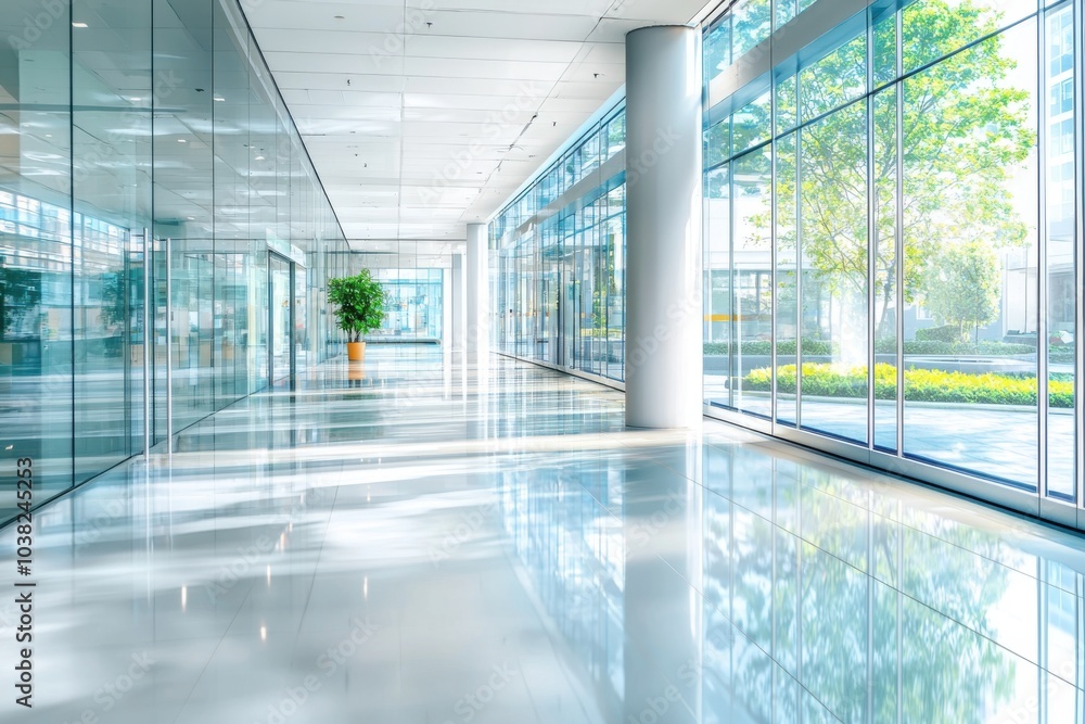A modern, bright corridor with large glass windows, showcasing a sleek design and vibrant greenery outside. A modern, bright corridor with large glass windows, showcasing a sleek design and vibrant greenery outside.